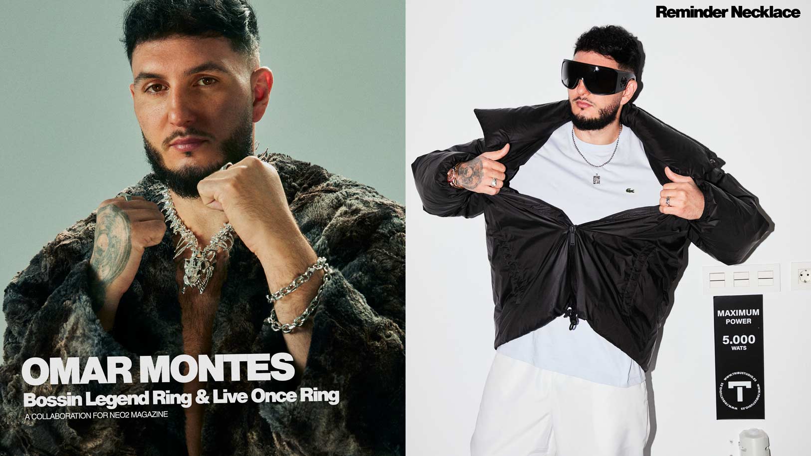 Omar Montes bossin Legend Ring, Live Once Ring & Reminder Necklace for Neo2 Magazine